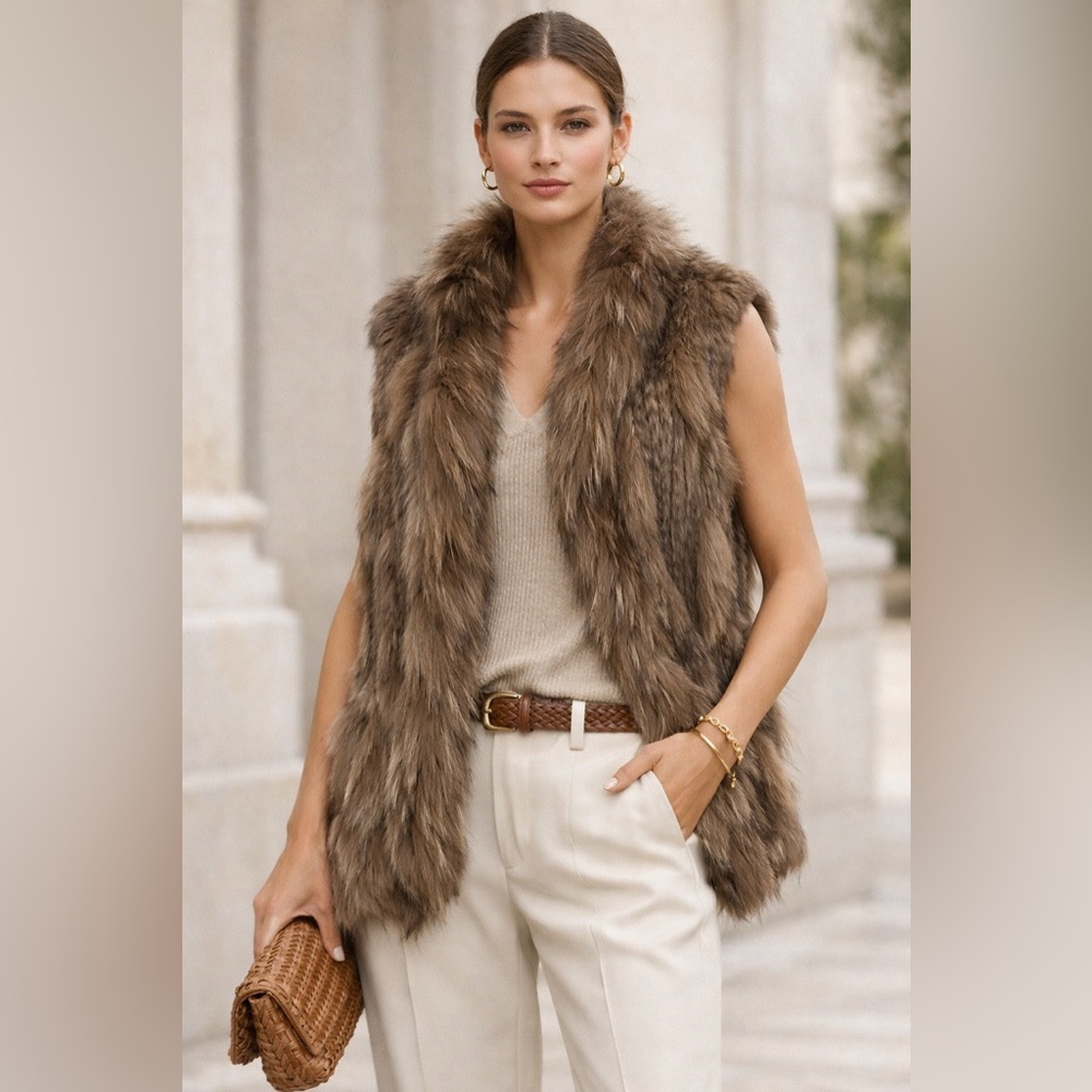 Real Rabbit Fur Vest w Raccoon Collar Trim Taupe Brown ML  Luxe Layer
